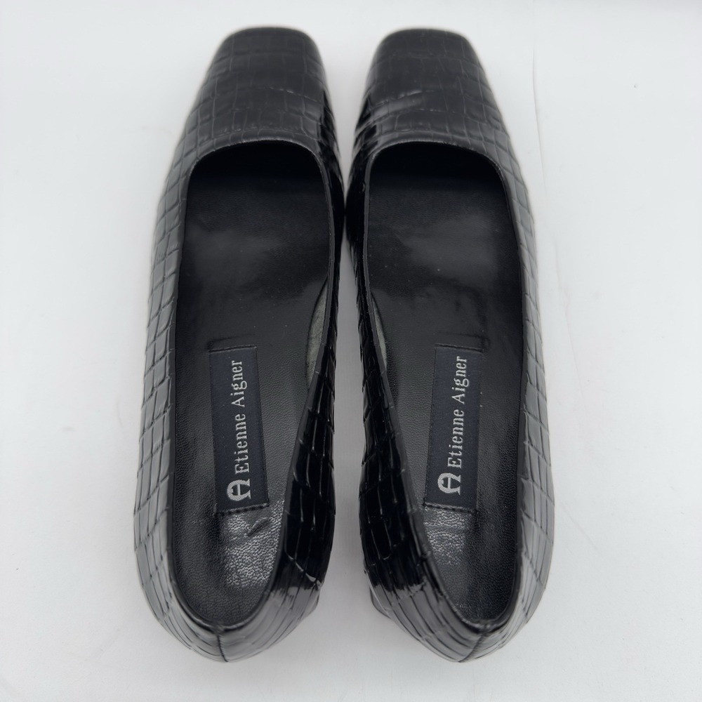 Etienne Aigner Vintage Twiggy I Black Patent Croc. Leather Block Heel Size 6.5M - Picture 6 of 13